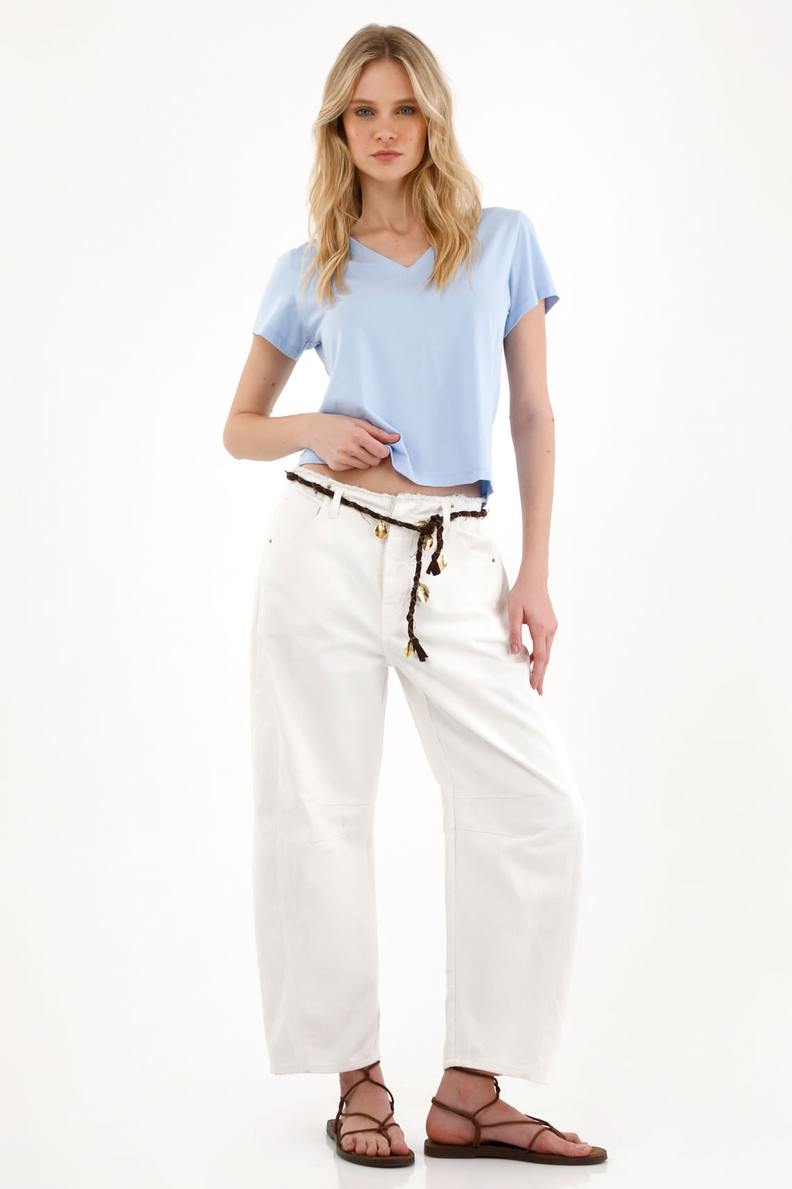 Camiseta básica cuello en V azul para mujer